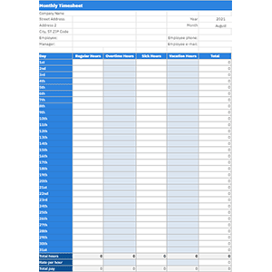 monthly timesheet template